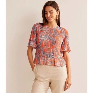 Boden Flutter-Sleeve Plisse Blouse Orange Jelly, Paradise Pop Paisley Size 12